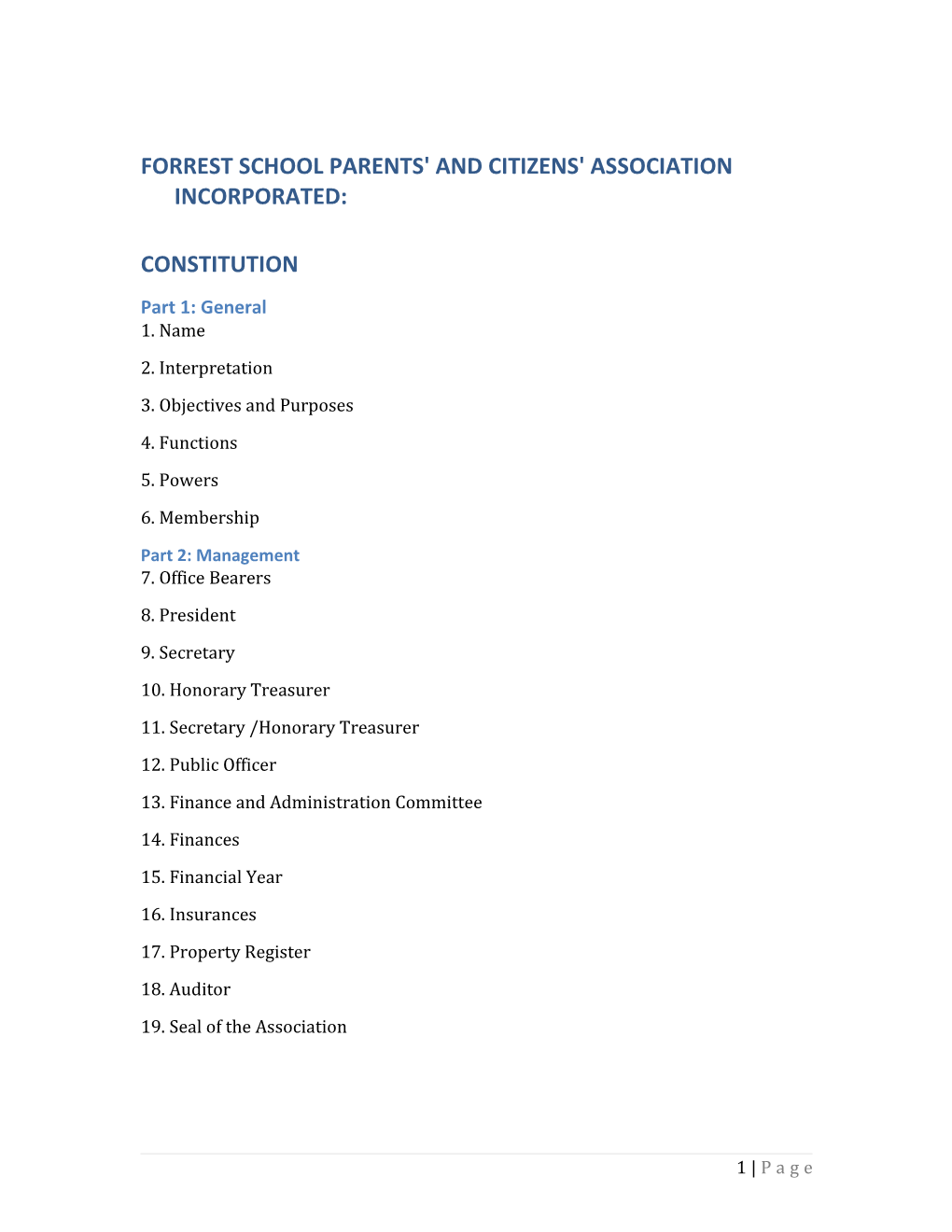 Forrest School Parents' and Citizens' Association Incorporated