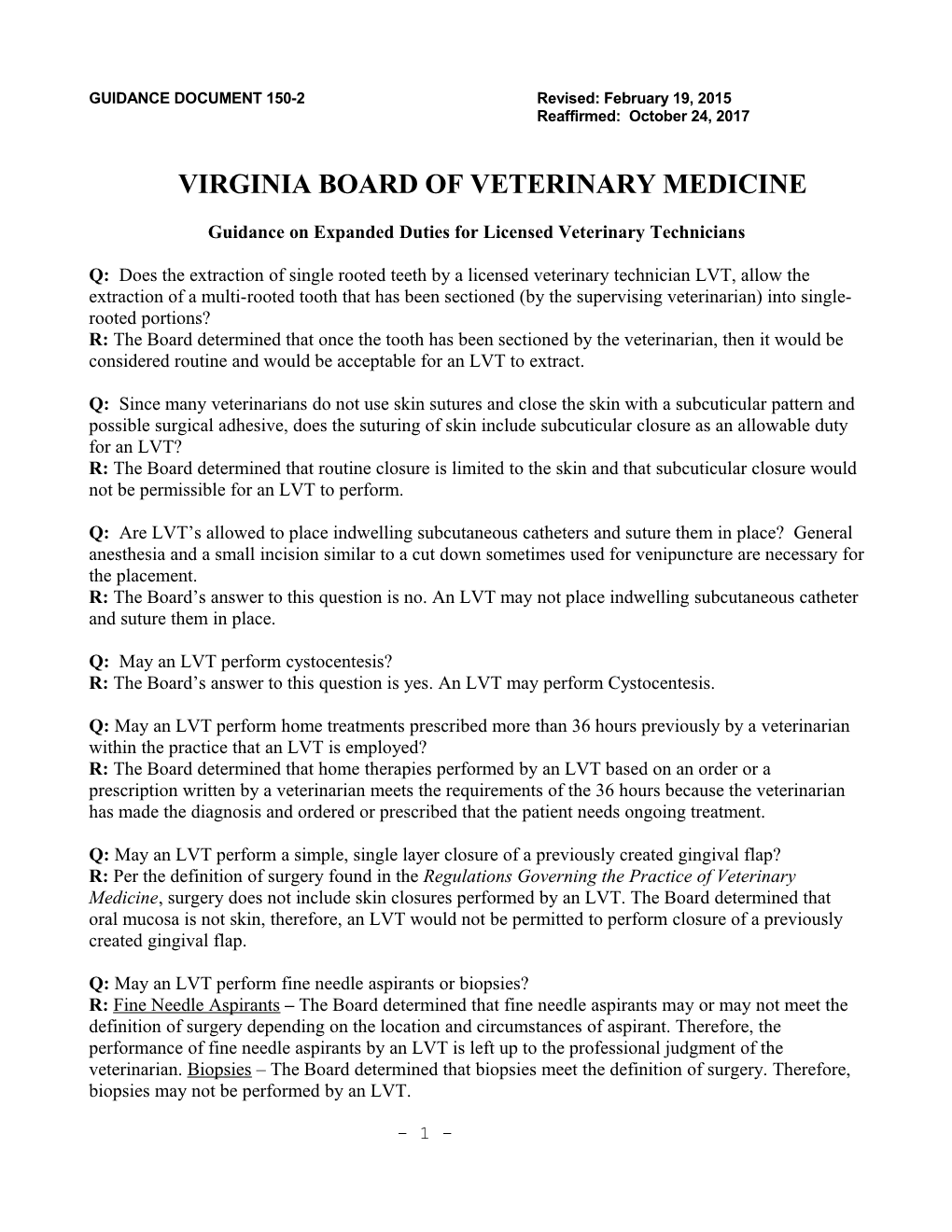 Guidance Document 150-2 - Guidance on Expanded Duties for Licensed Veterinary Technicians