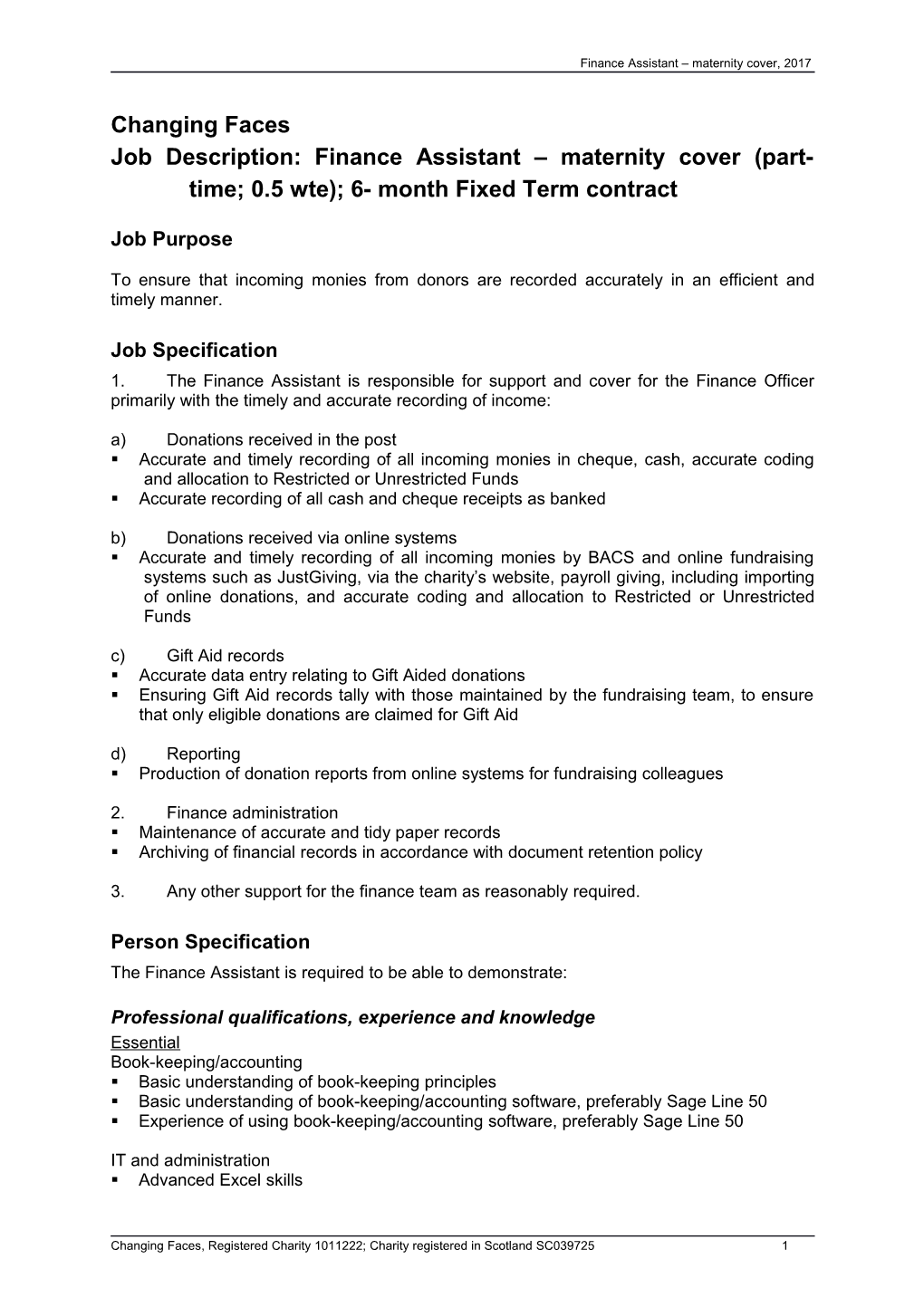 Finance Assistant Maternity Cover, 2017