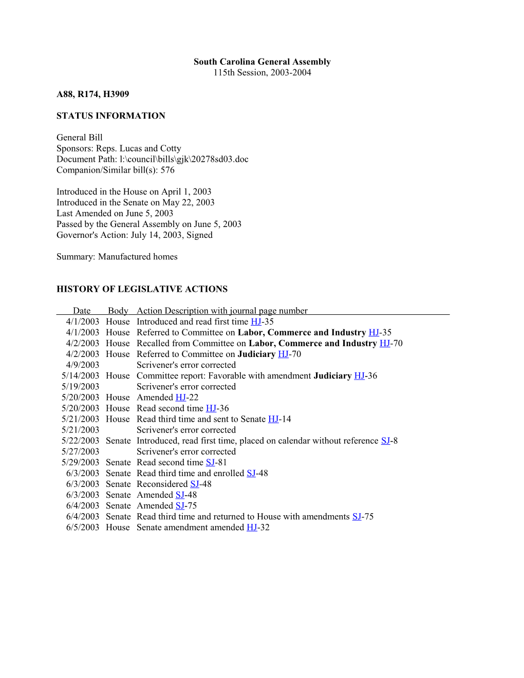 2003-2004 Bill 3909: Manufactured Homes - South Carolina Legislature Online