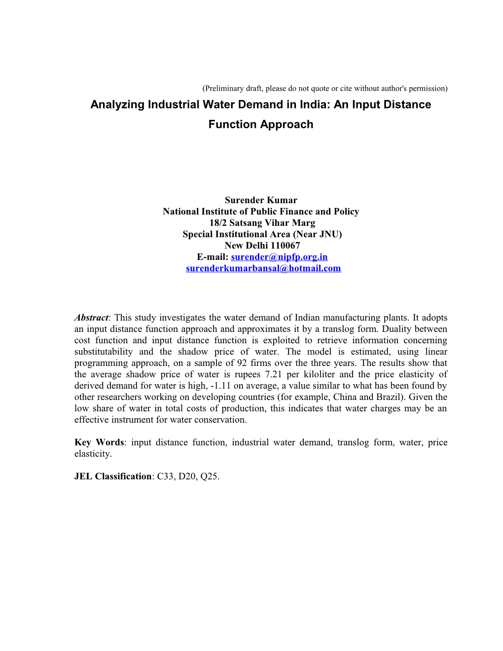 An Analysis of Industrial Water Demand in India: an Input Distance Function Approach