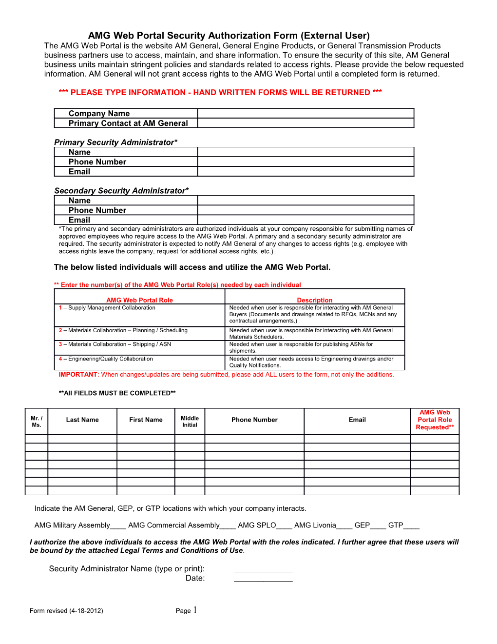 AM General Web Portal Security Authorization Form (External User)