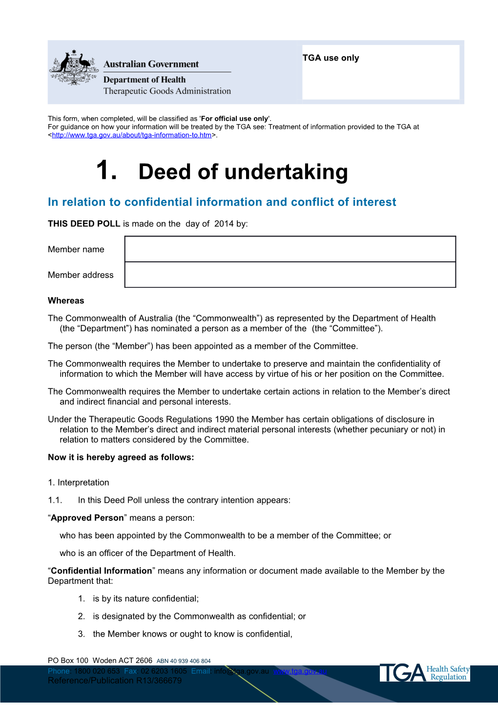 Deed of Undertaking in Relation to Confidential Information and Conflict of Interest
