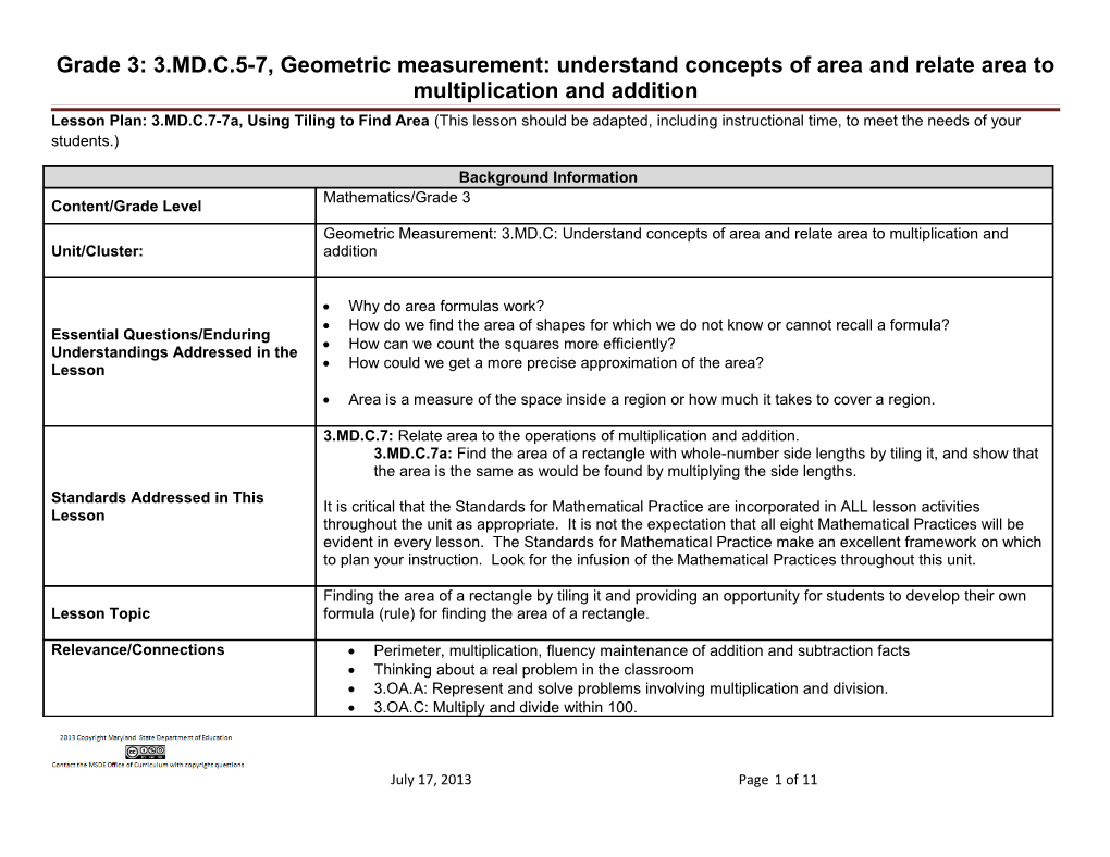 Grade 3: 3.MD.C.5-7, Geometric Measurement: Understand Concepts of Area and Relate Area