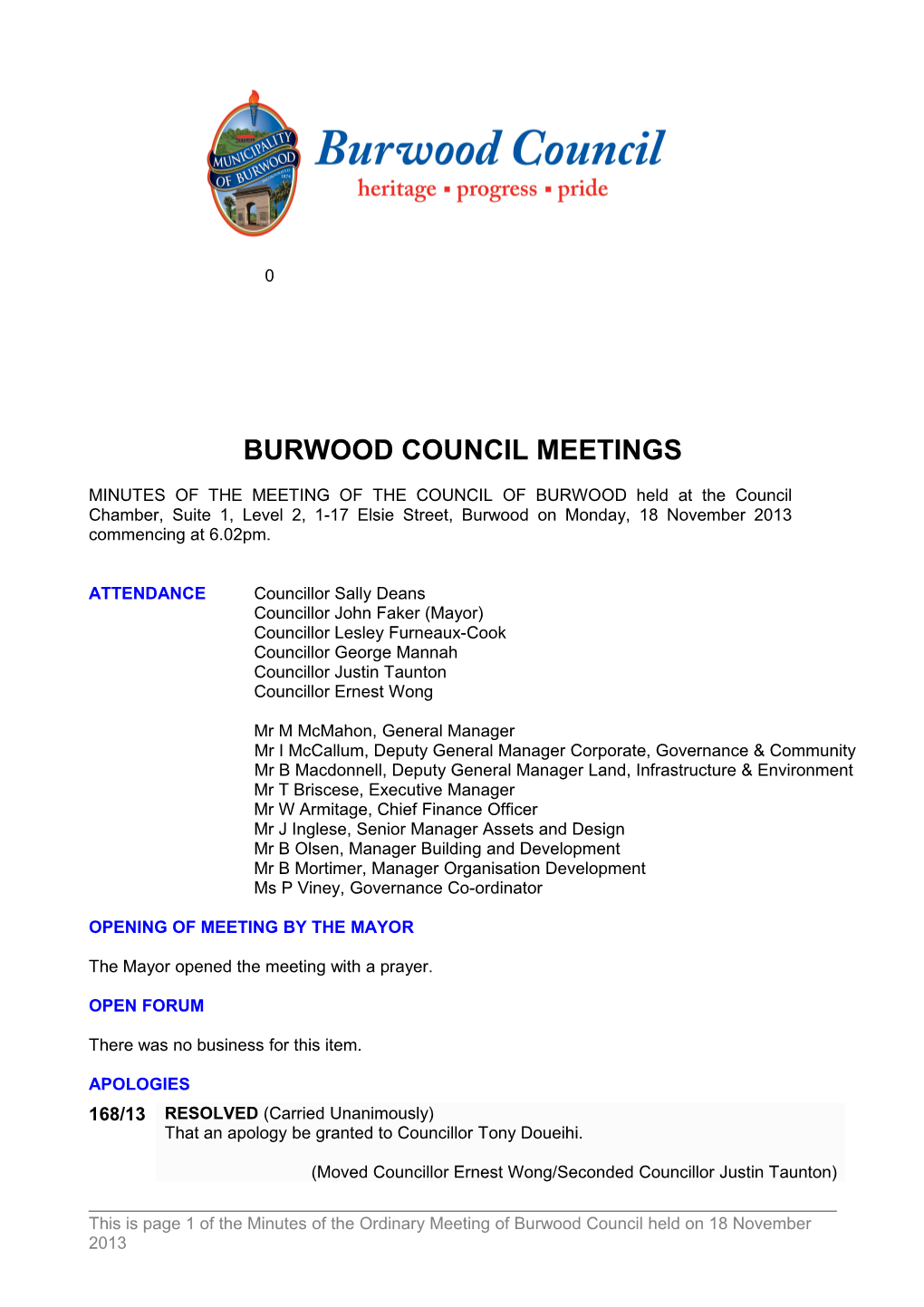 Pro-Forma Minutes of Burwood Council Meetings - 18 November 2013