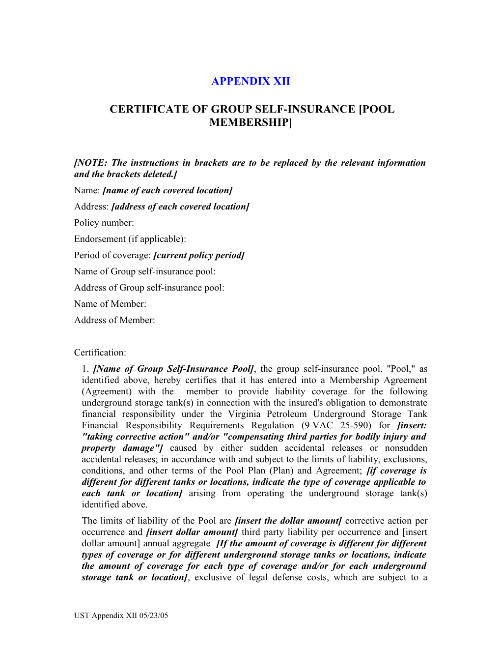 Appendix Xii - Certificate of Group Self Insurance