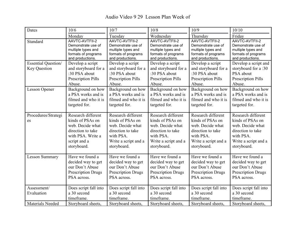 Audio Video 9 29 Lesson Plan Week Of