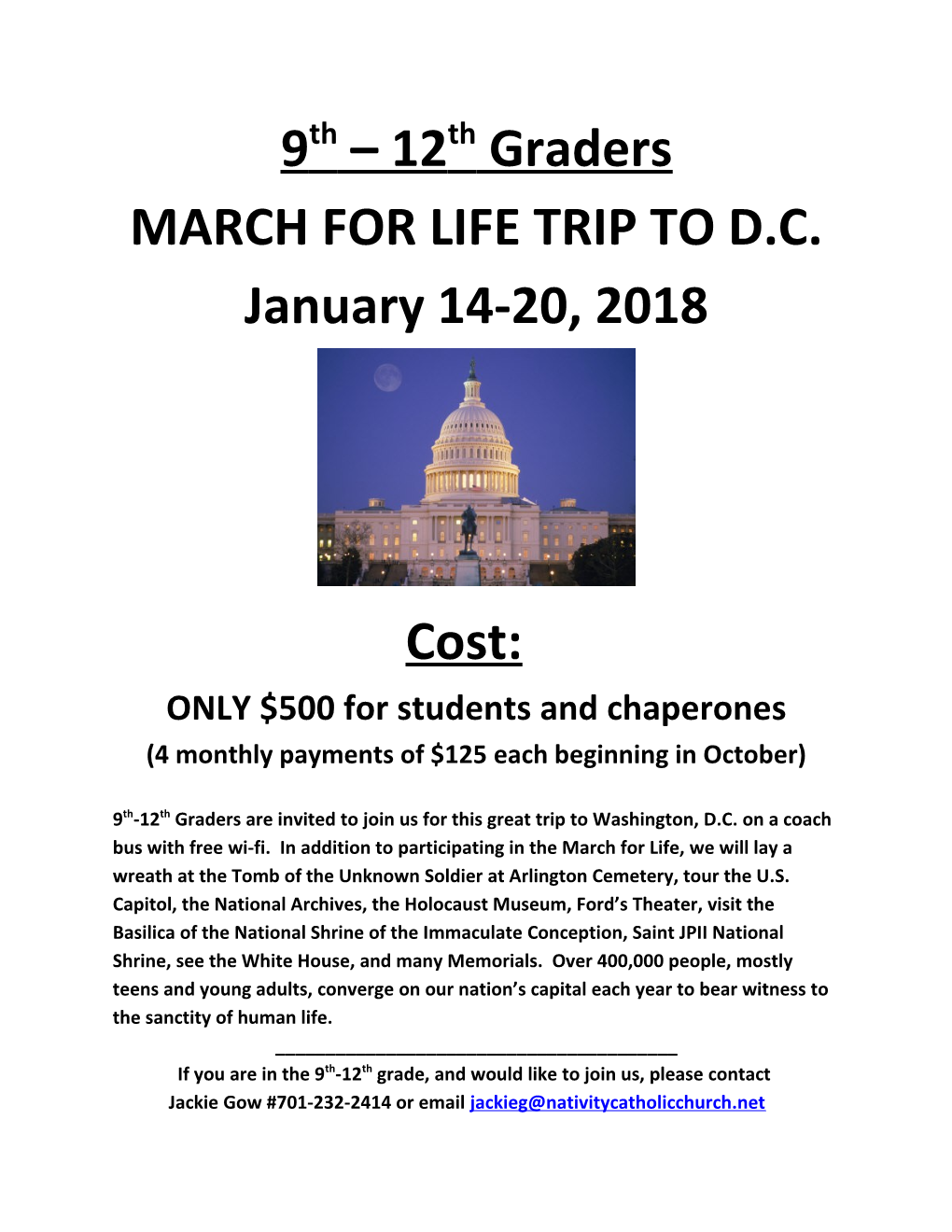 ONLY $500For Students and Chaperones