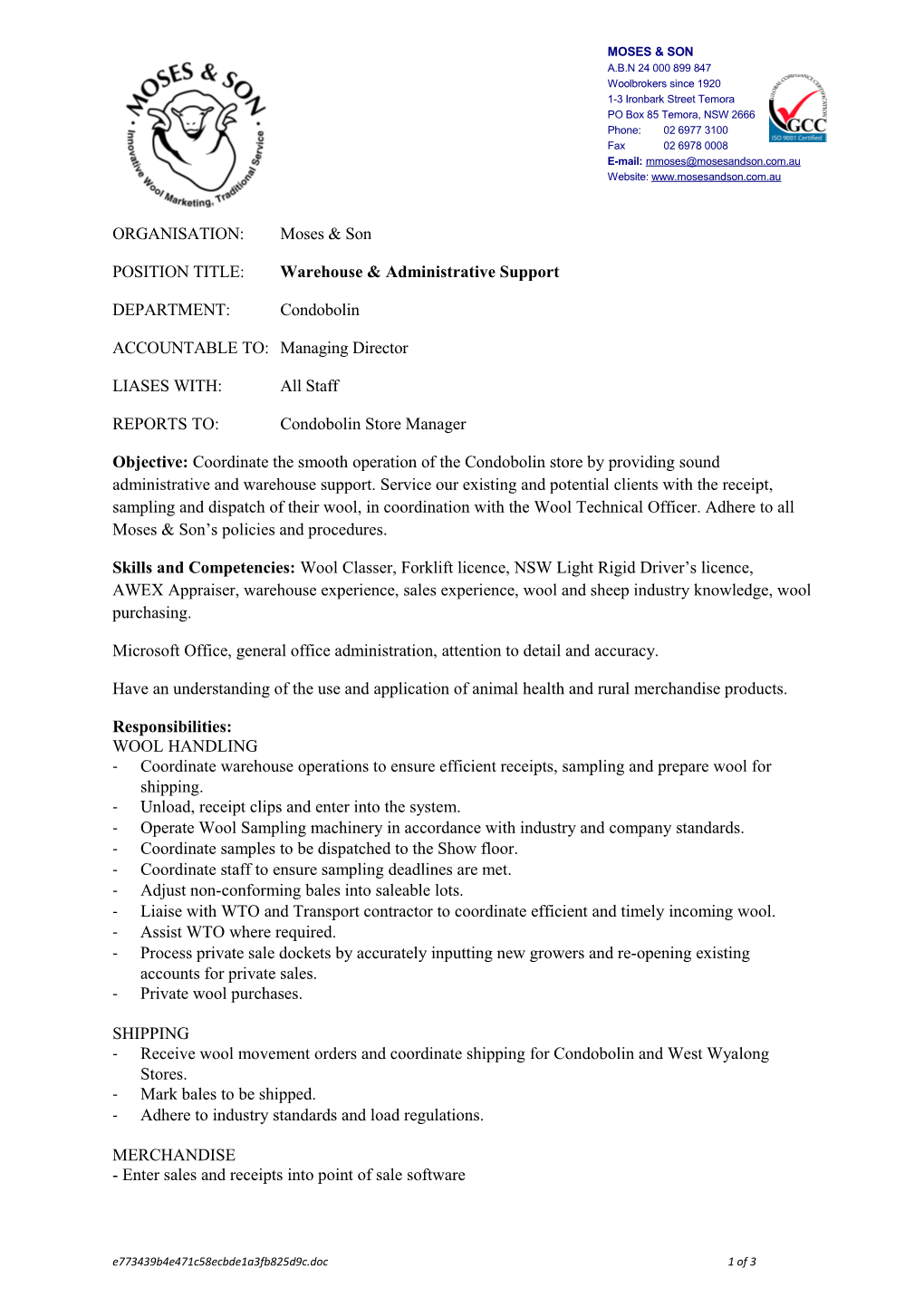 Wool Technical Officer, Condobolin