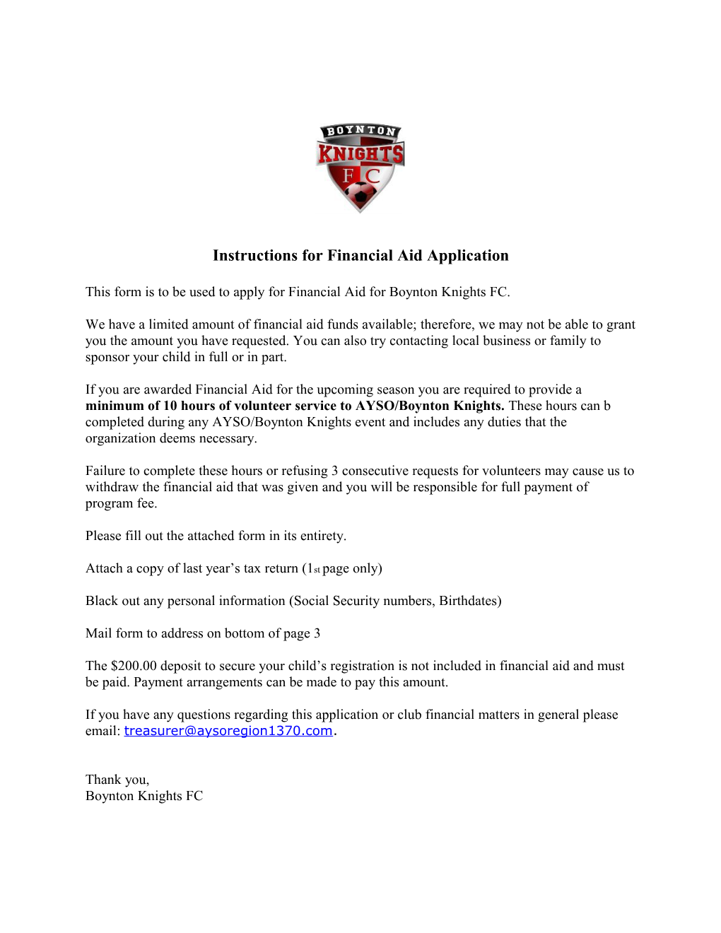 Instructions for Financial Aid Application