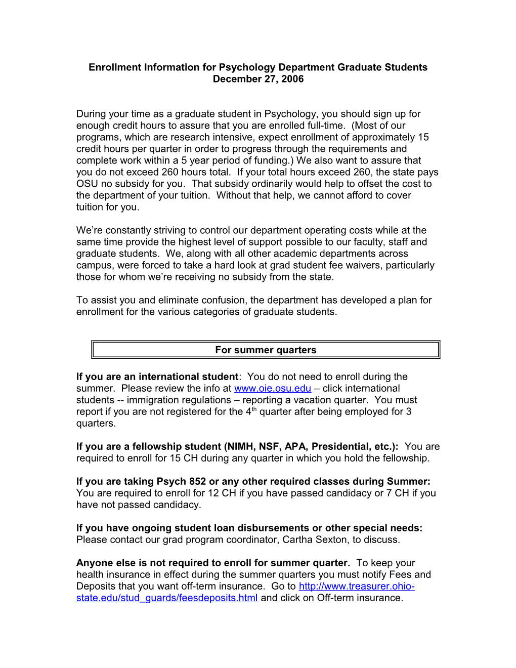 Enrollment Information for Psychology Department Graduate Students