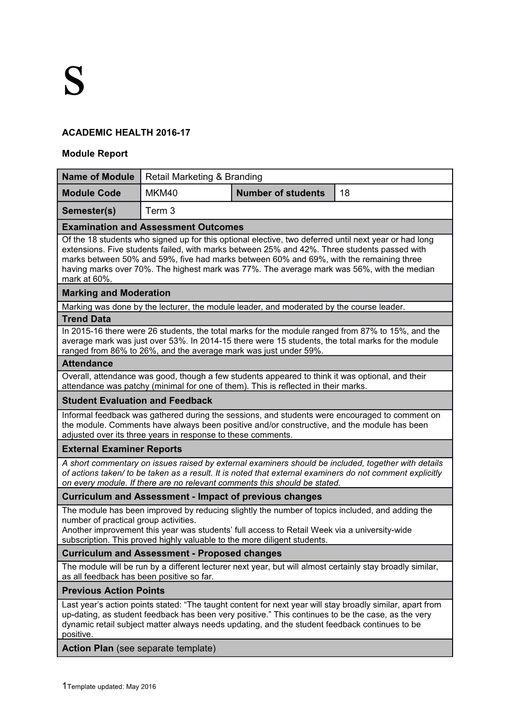 Module Report Template 2014-15