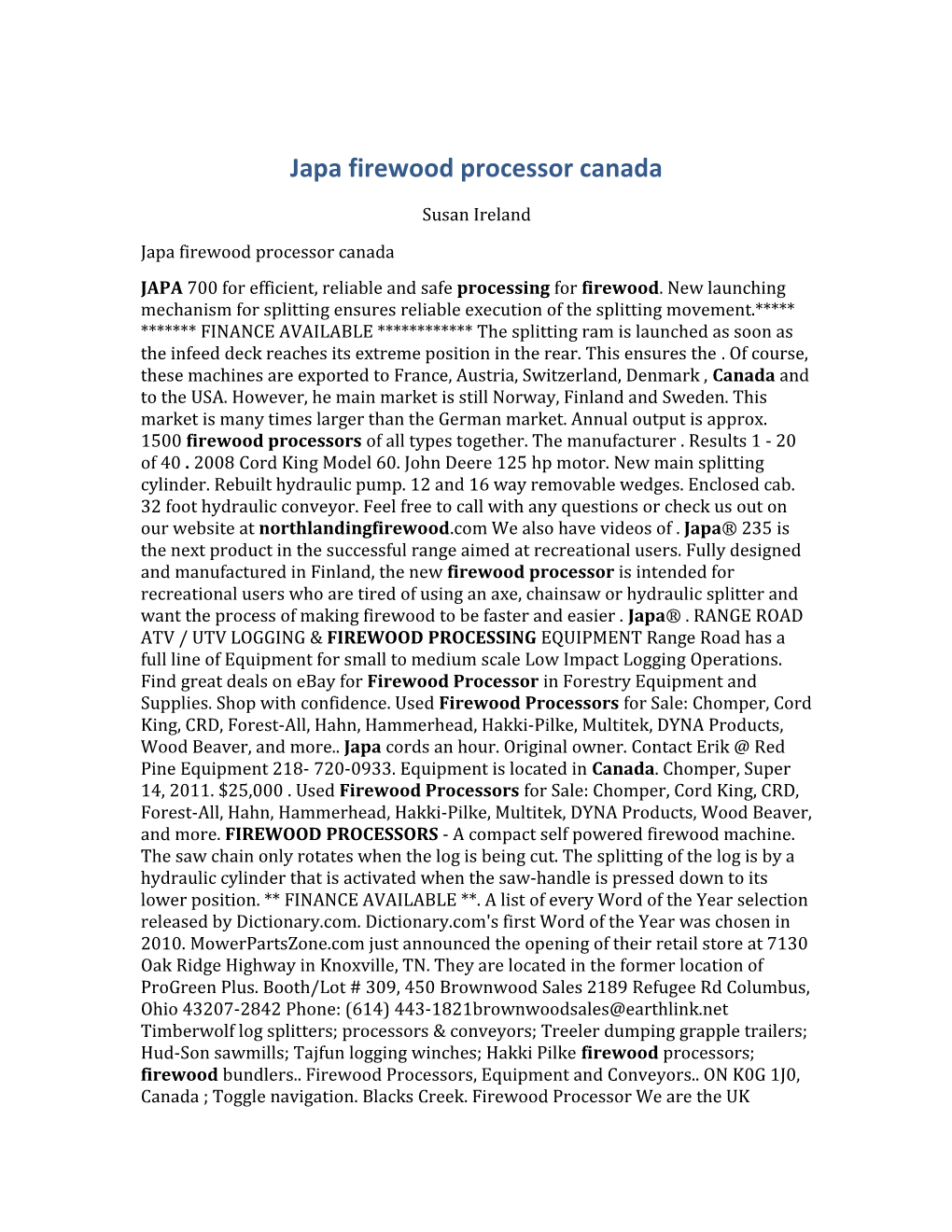 Japa Firewood Processor Canada
