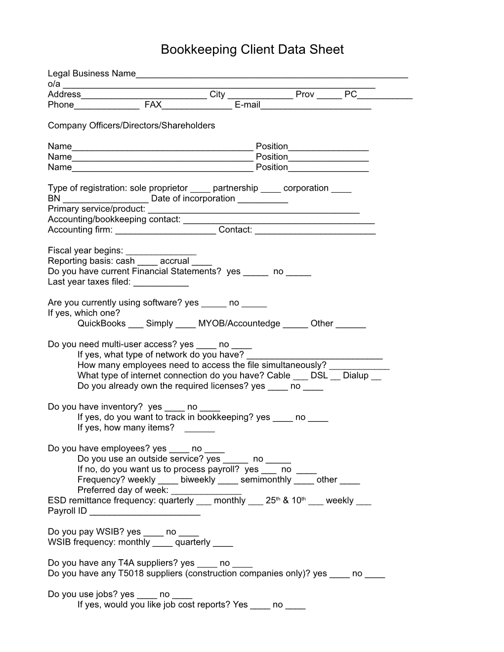 Bookkeeping Client Data Sheet