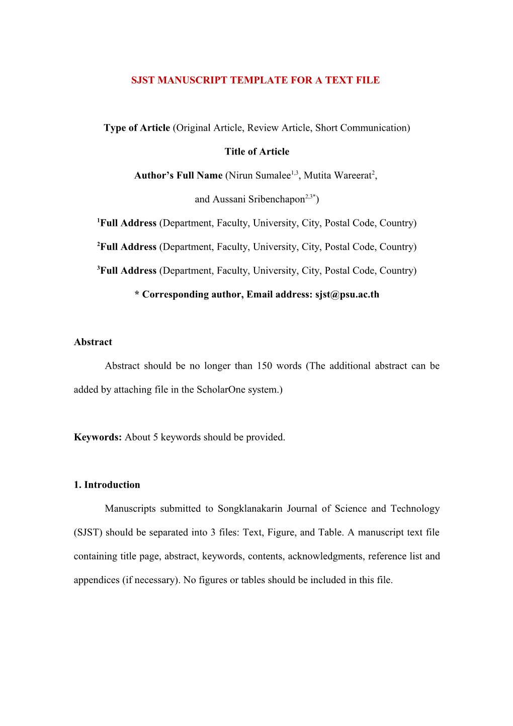 Sjst Manuscript Template for a Text File