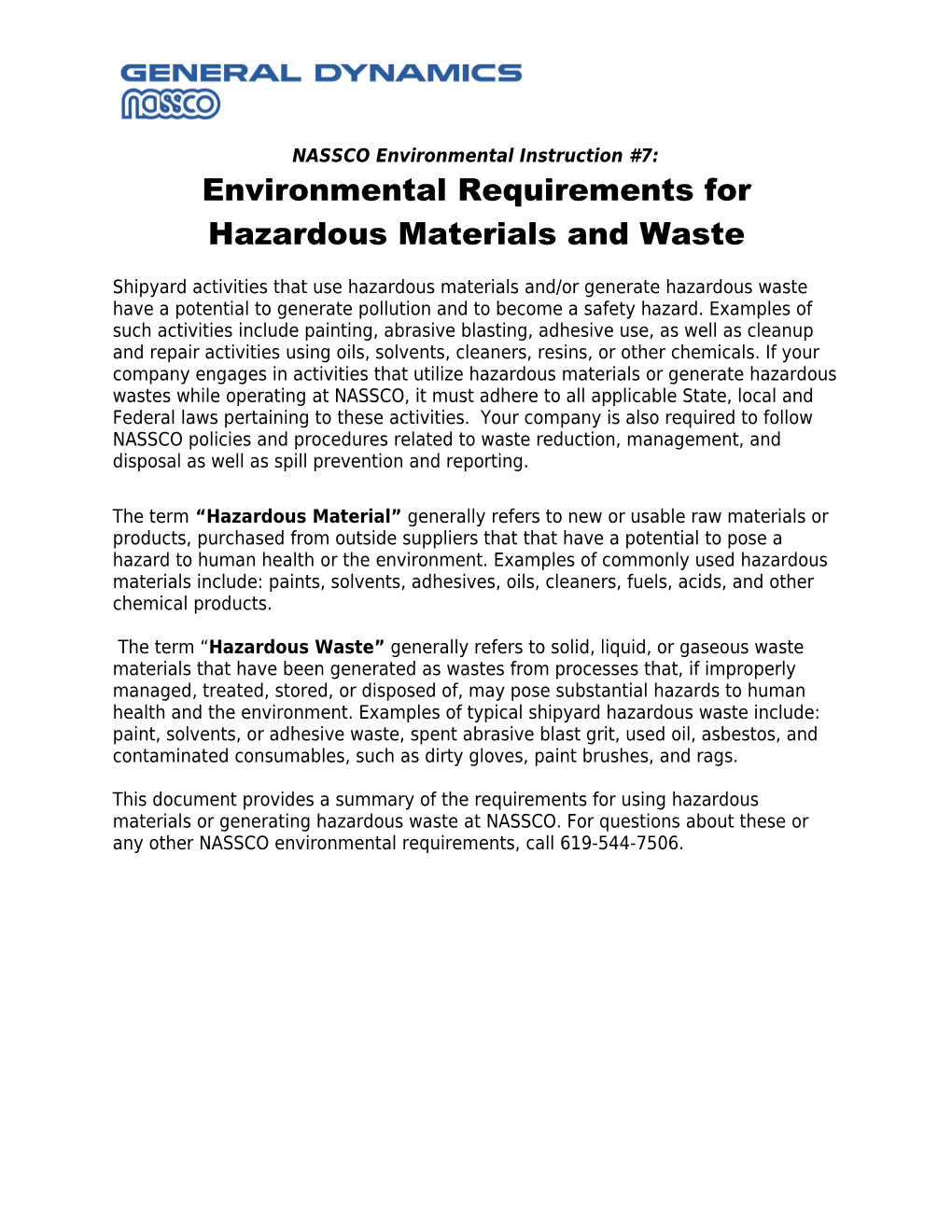 Environmental Requirementsfor Hazardous Materials and Waste