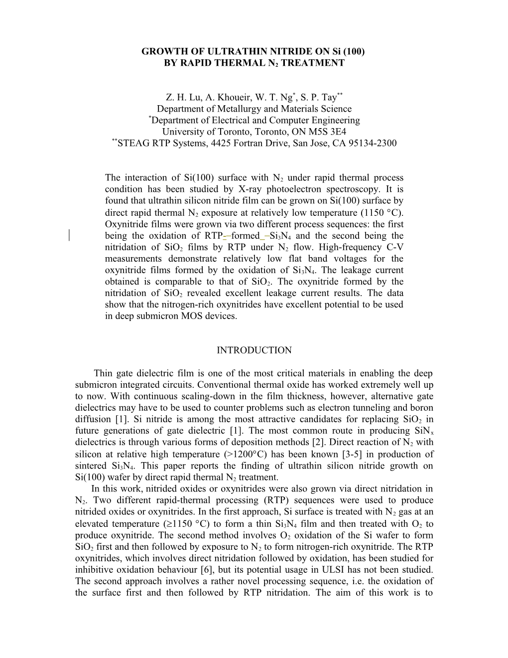 GROWTH of ULTRATHIN NITRIDE on Si (100)