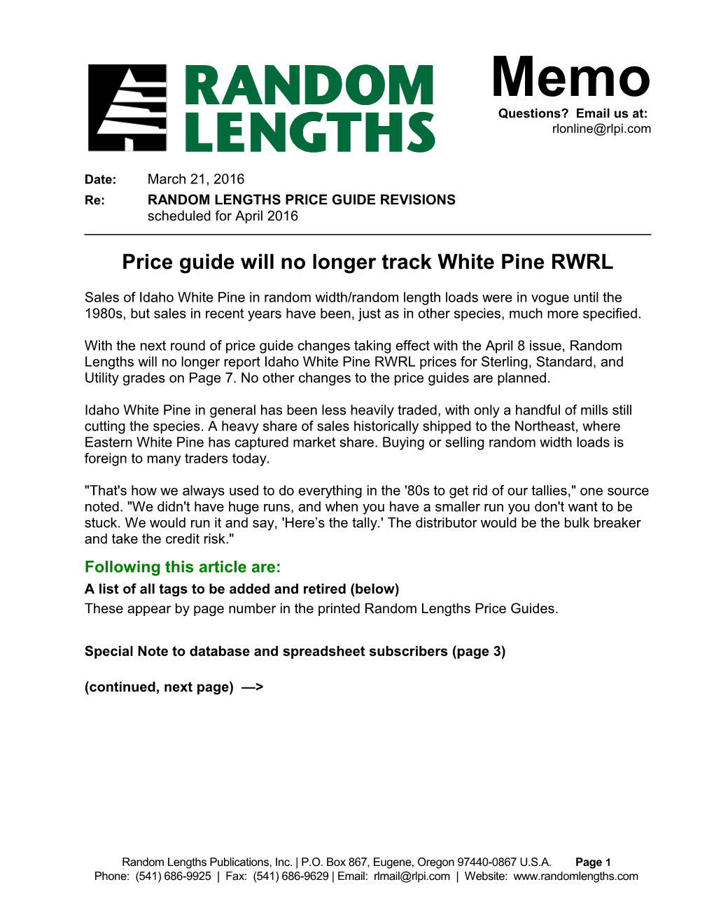 Price Guide Will No Longer Track White Pine RWRL
