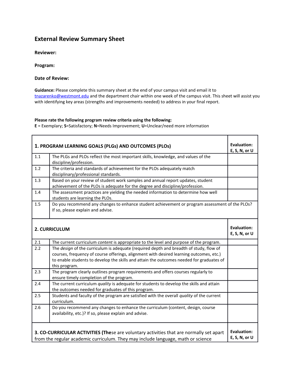 External Review Summary Sheet