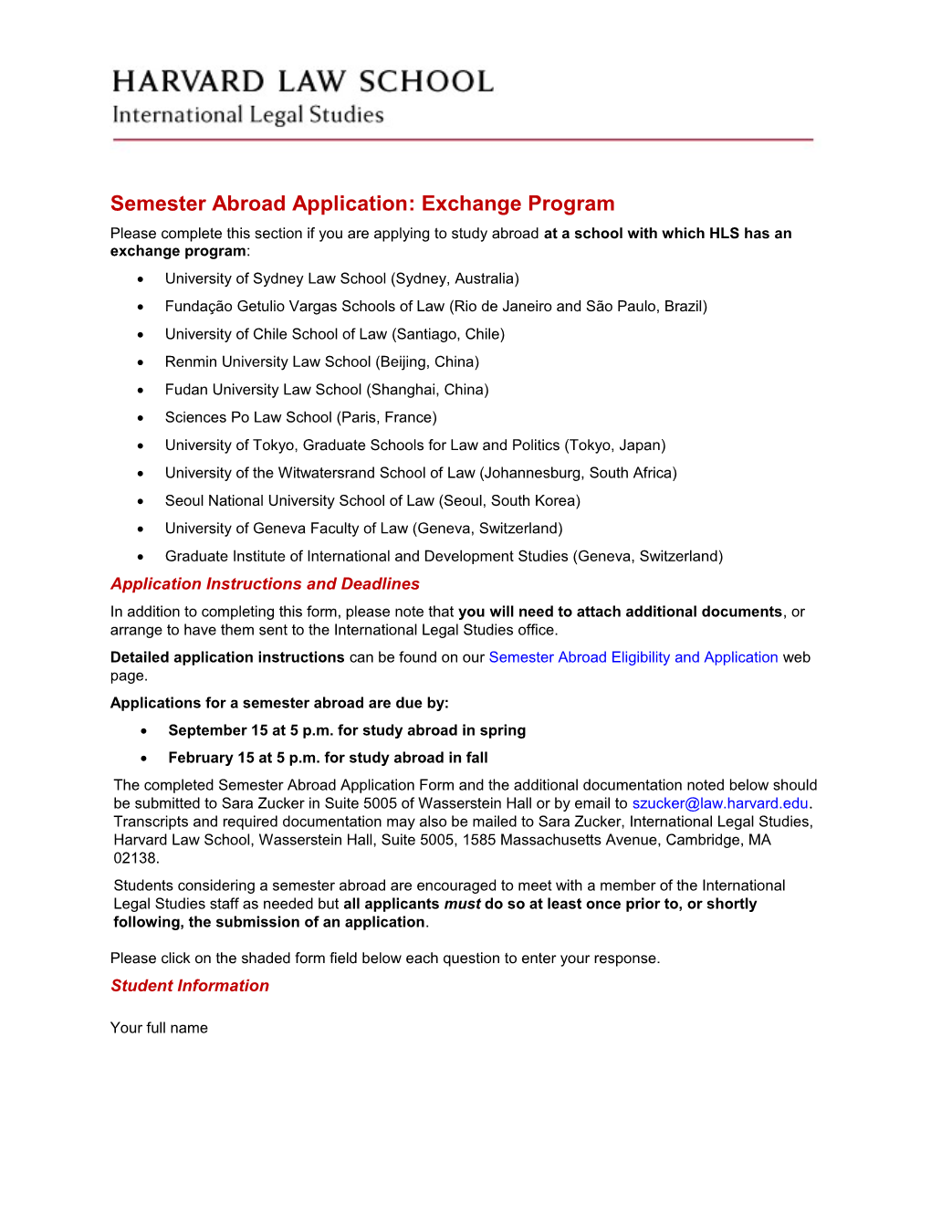 Semester Abroad Application: Exchange Program