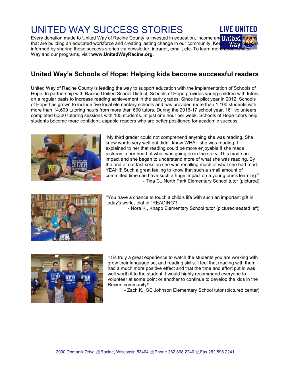 United Way S Schools of Hope: Helping Kids Become Successful Readers