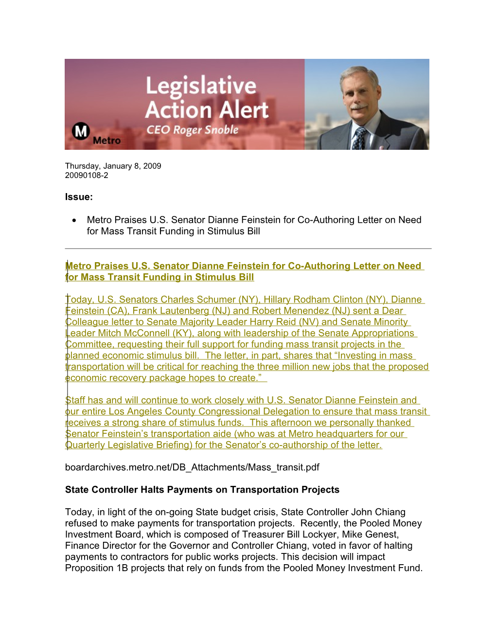 Legislative Action Alert - January 8, 2009