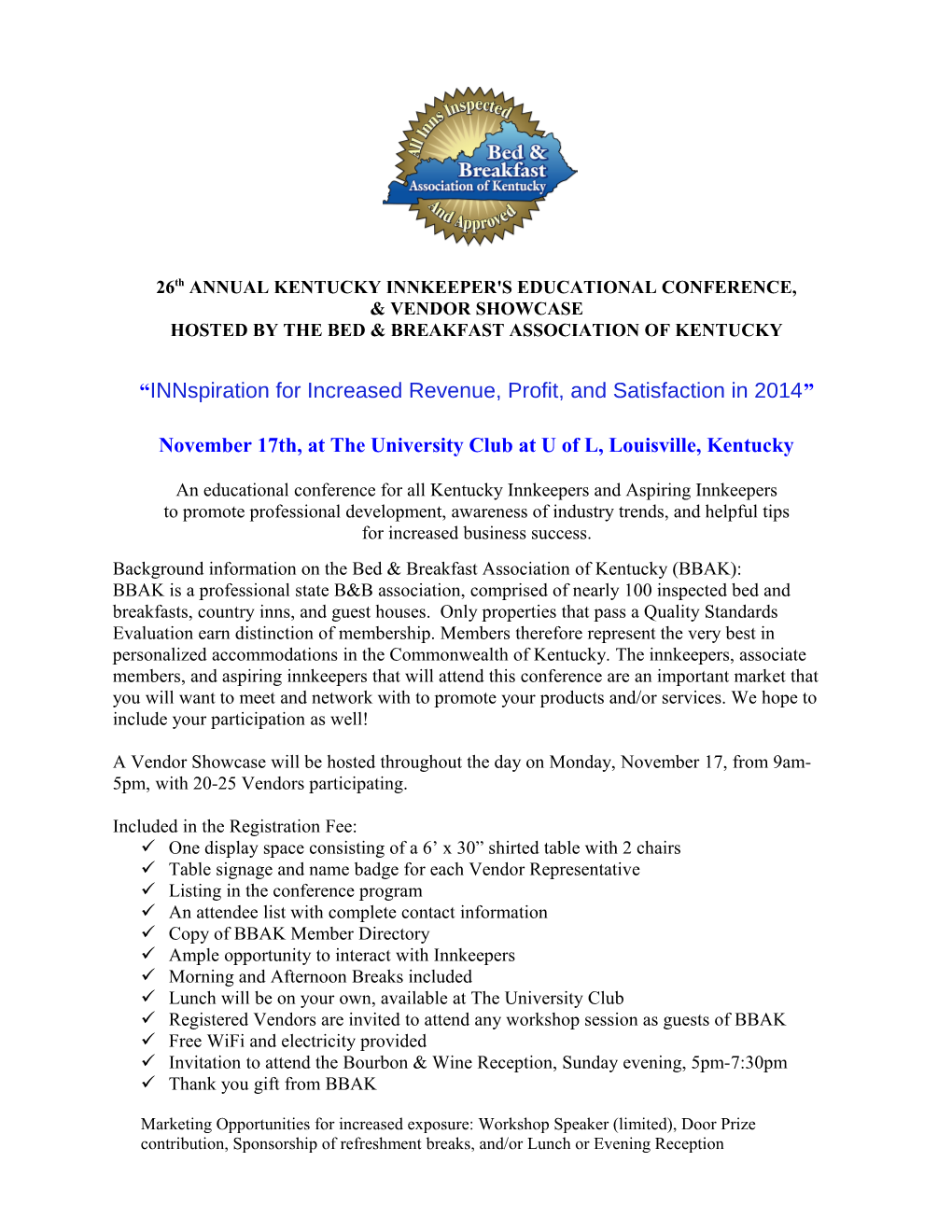 26Th ANNUAL KENTUCKY INNKEEPER's EDUCATIONAL CONFERENCE