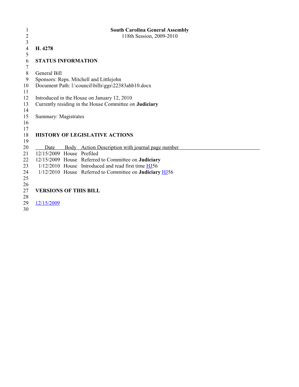 2009-2010 Bill 4278: Magistrates - South Carolina Legislature Online