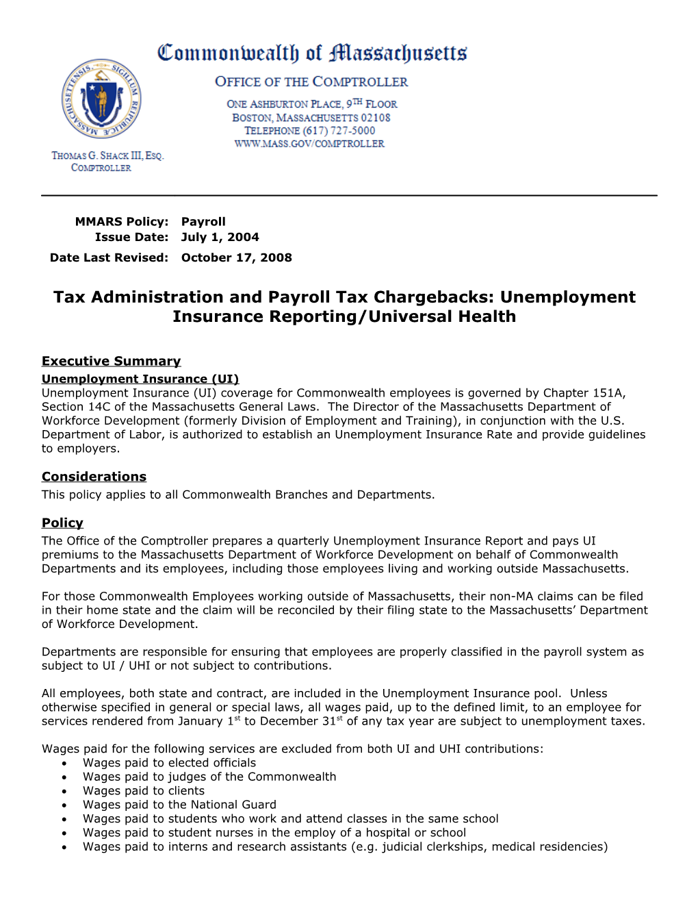 Tax Administration and Payroll Tax Chargebacks: Unemployment Insurance Reporting/Universal