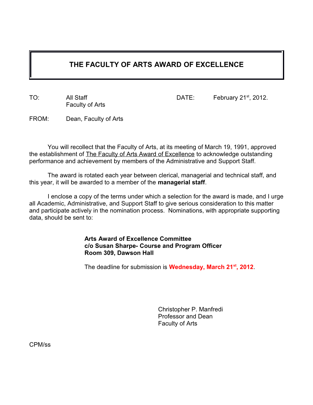 The Faculty of Arts Award of Excellence