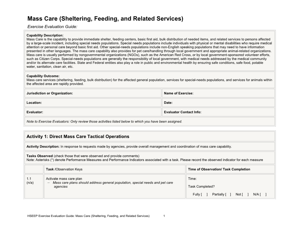 Mass Care (Sheltering, Feeding, and Related Services)