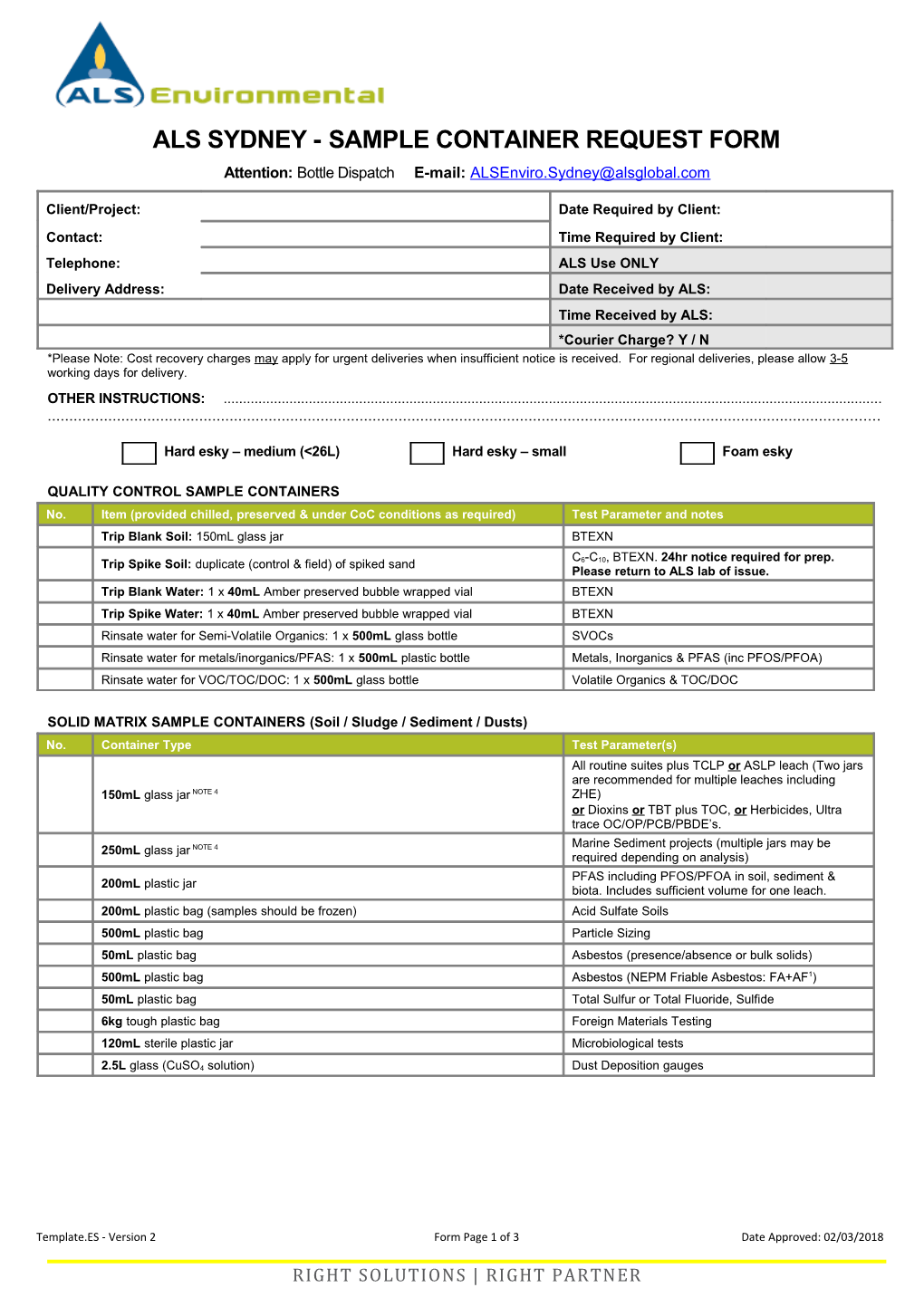 Als Sydney -Sample Container Request Form