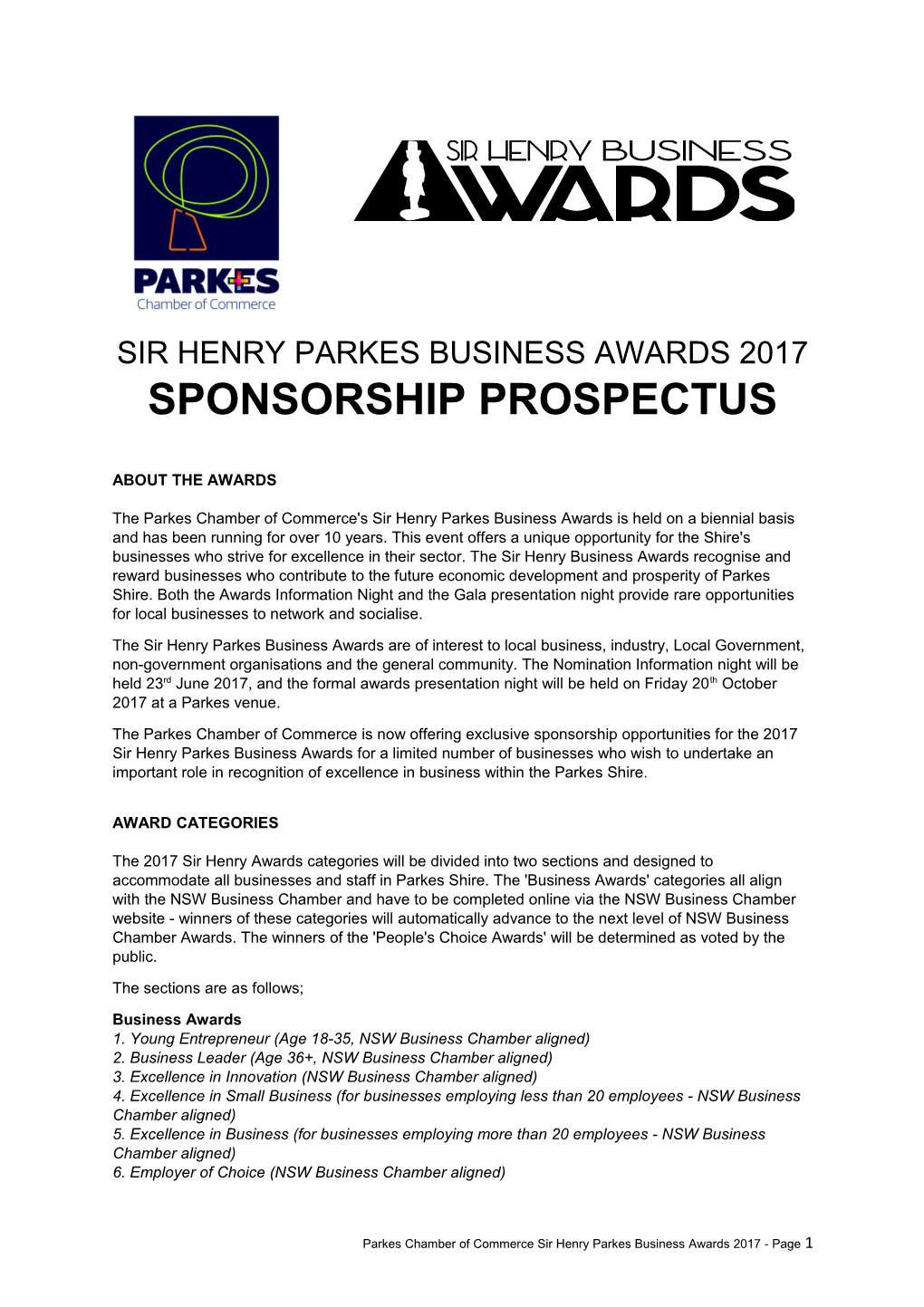 Sirhenry Parkes Business Awards 2017 Sponsorship Prospectus