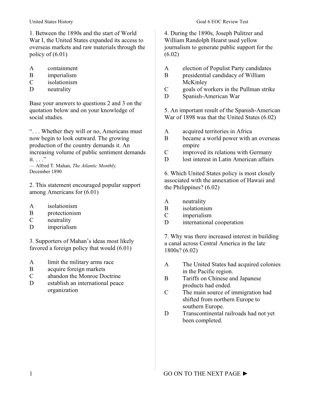 United States History Goal 6 EOC Review Test