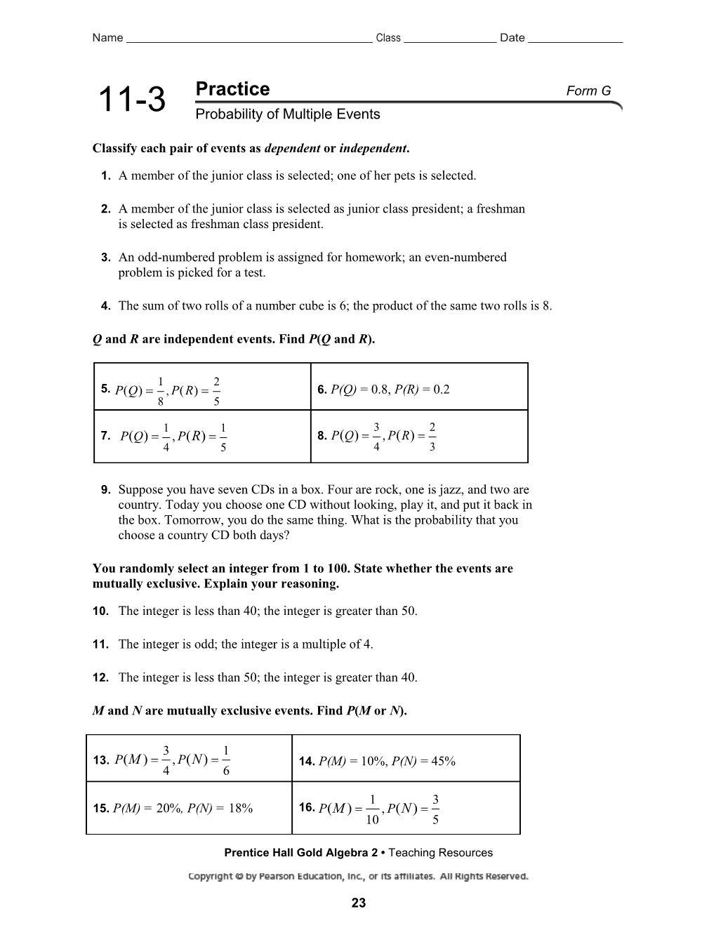 Classify Each Pair of Events As Dependent Orindependent