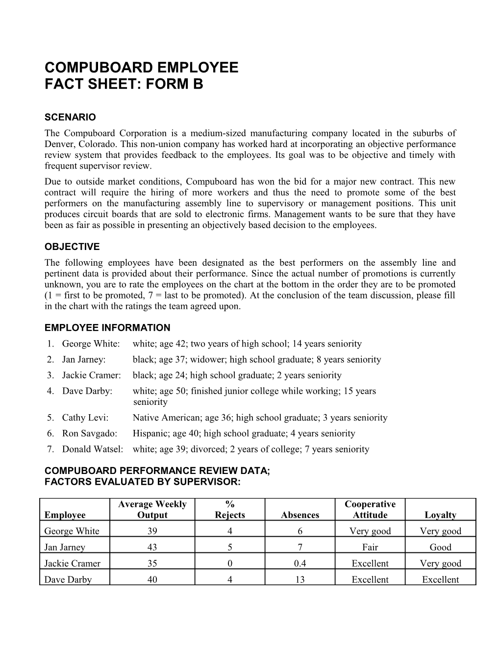 Compuboard Employee Fact Sheet: Form B
