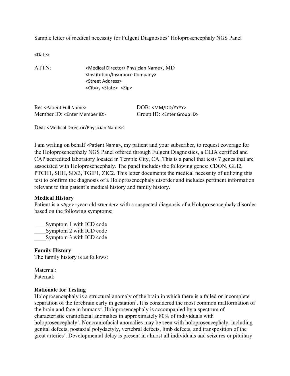 Sample Letter of Medical Necessity for Fulgent Diagnostics Holoprosencephaly NGS Panel