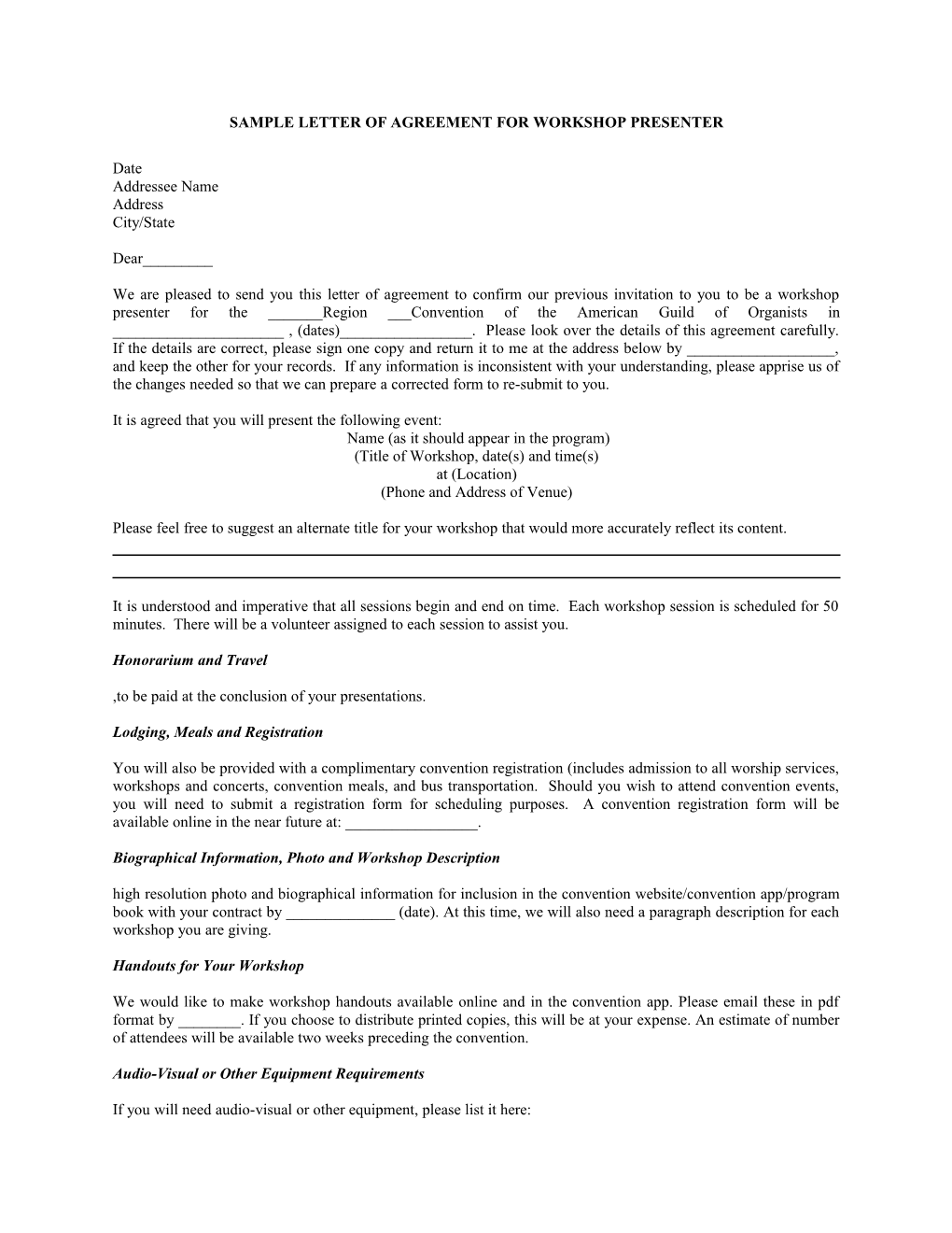 Sample Letter of Agreement for Workshop Presenter