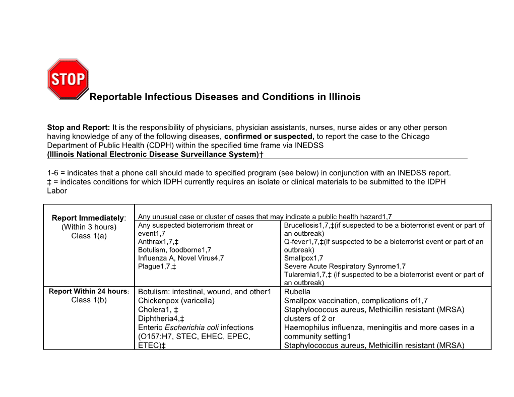 Reportable Infectious Diseases and Conditions in Illinois