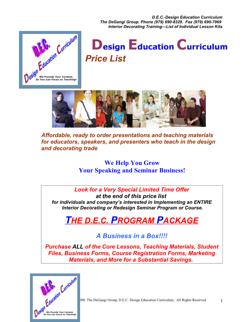 D.E.C. Official Price List- Interior Decorating Lesson Kits