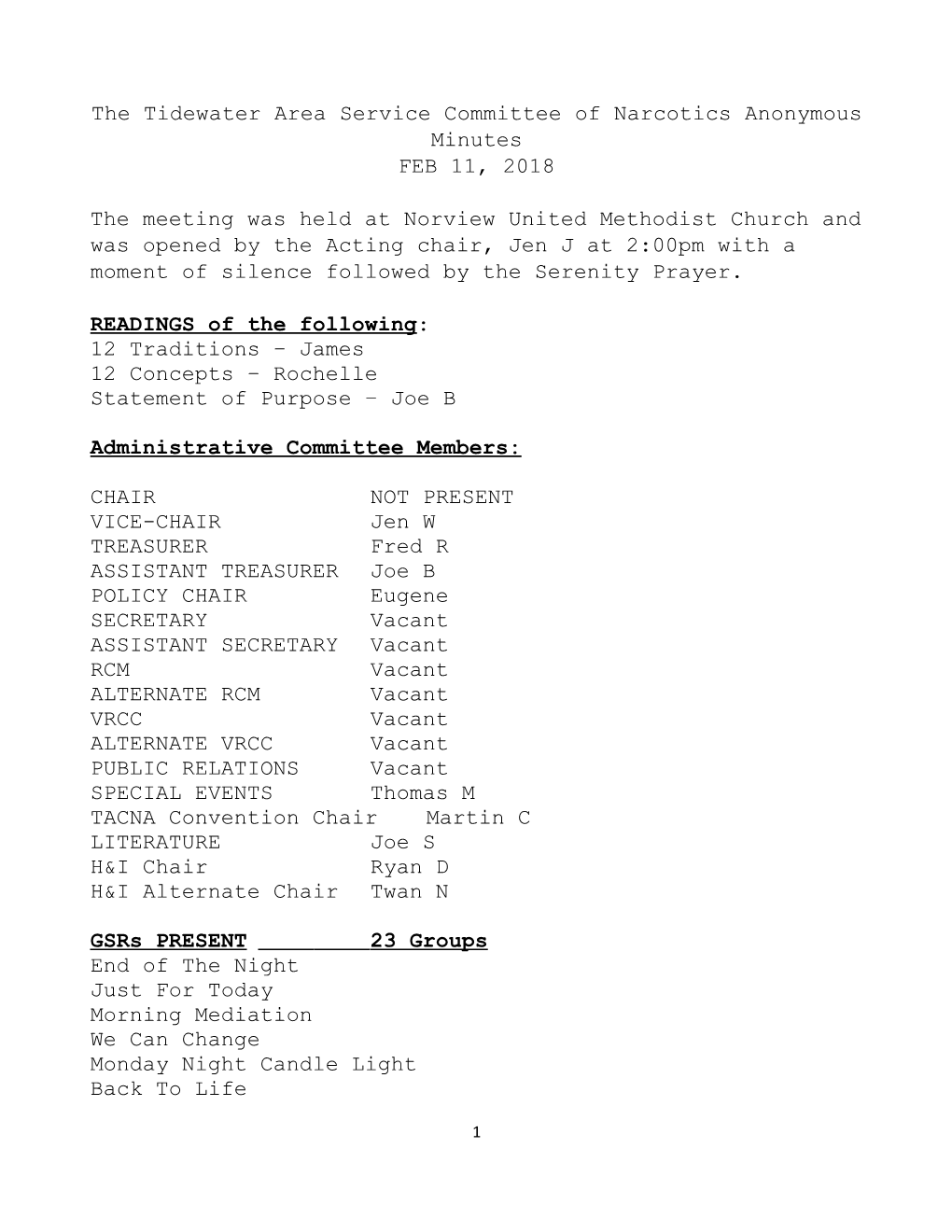 The Tidewater Area Service Committee of Narcotics Anonymous Minutes