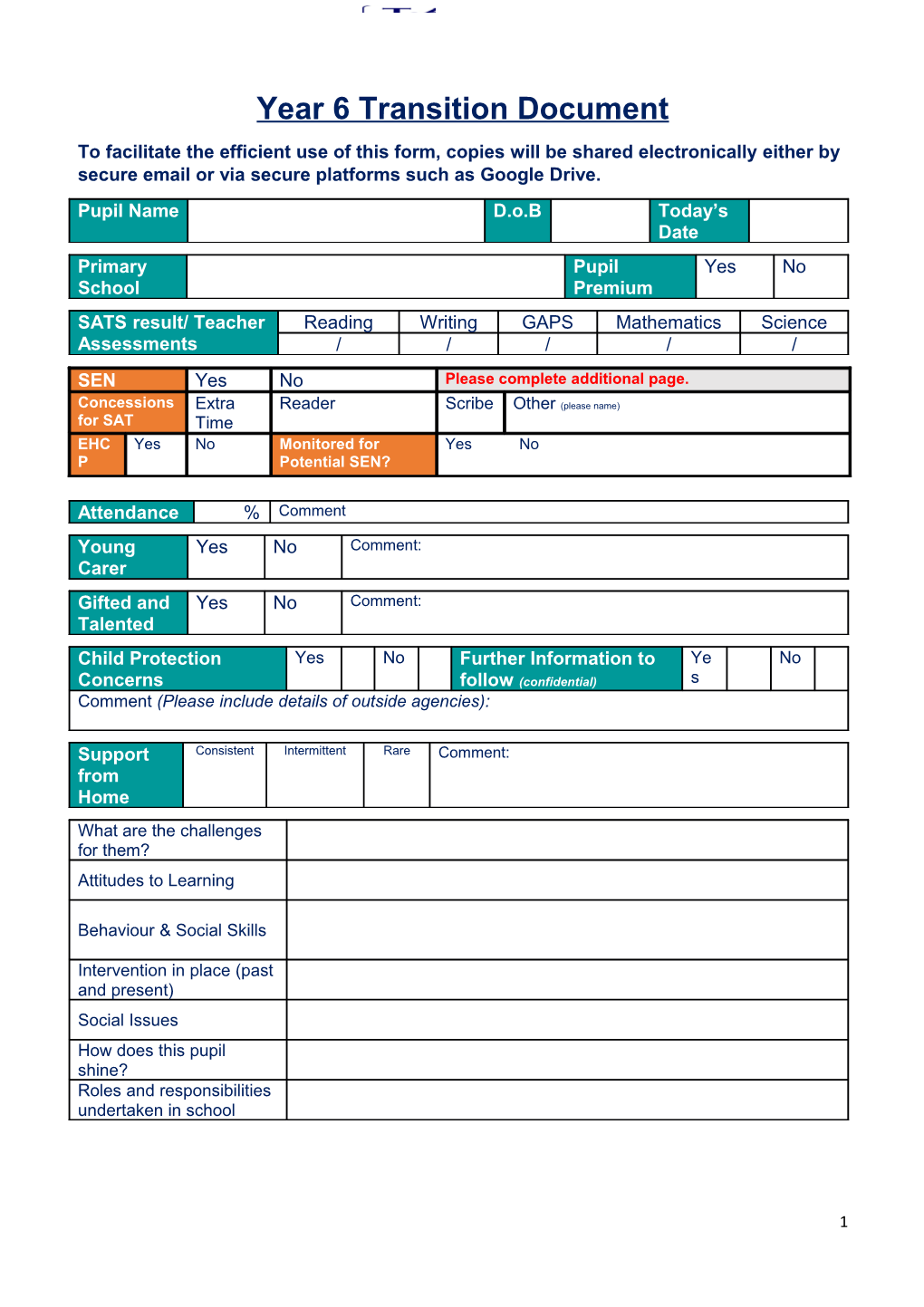 Year 6 Transition Document