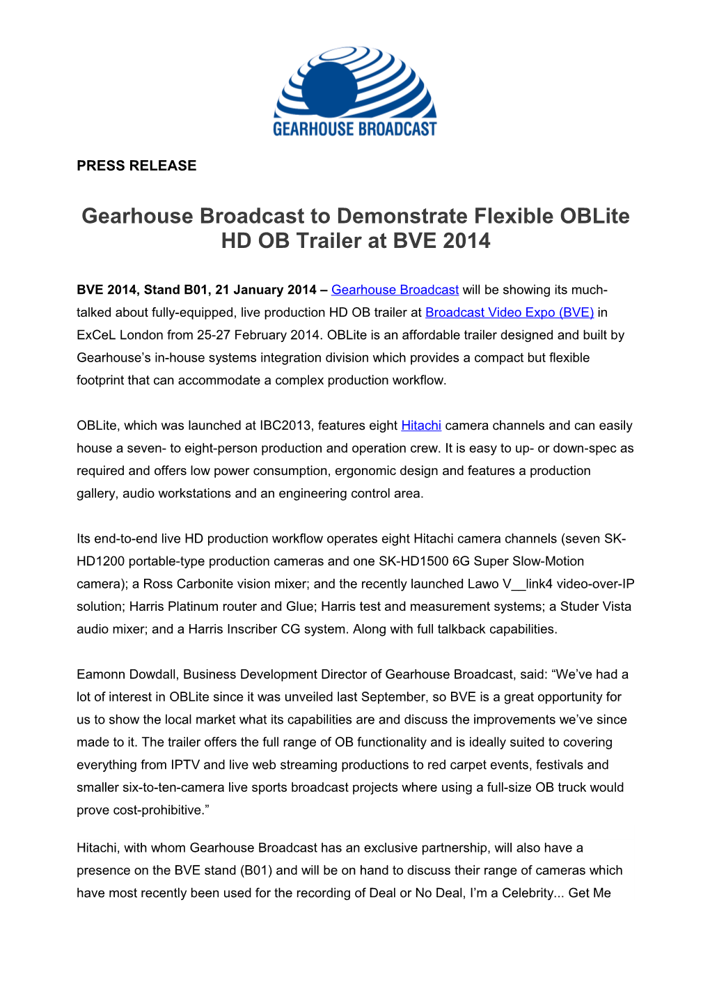 Gearhouse Broadcast to Demonstrate Flexibleoblite HD OB Trailer at BVE2014