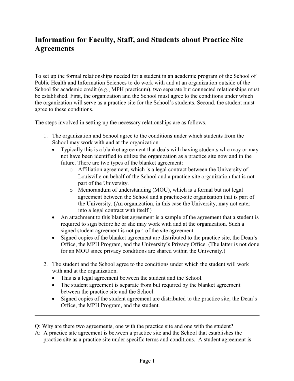 Practice Site Agreement Information for Faculty and Students V1