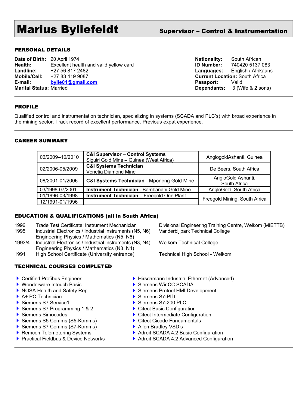 Marius Byliefeldt Supervisor Control & Instrumentation