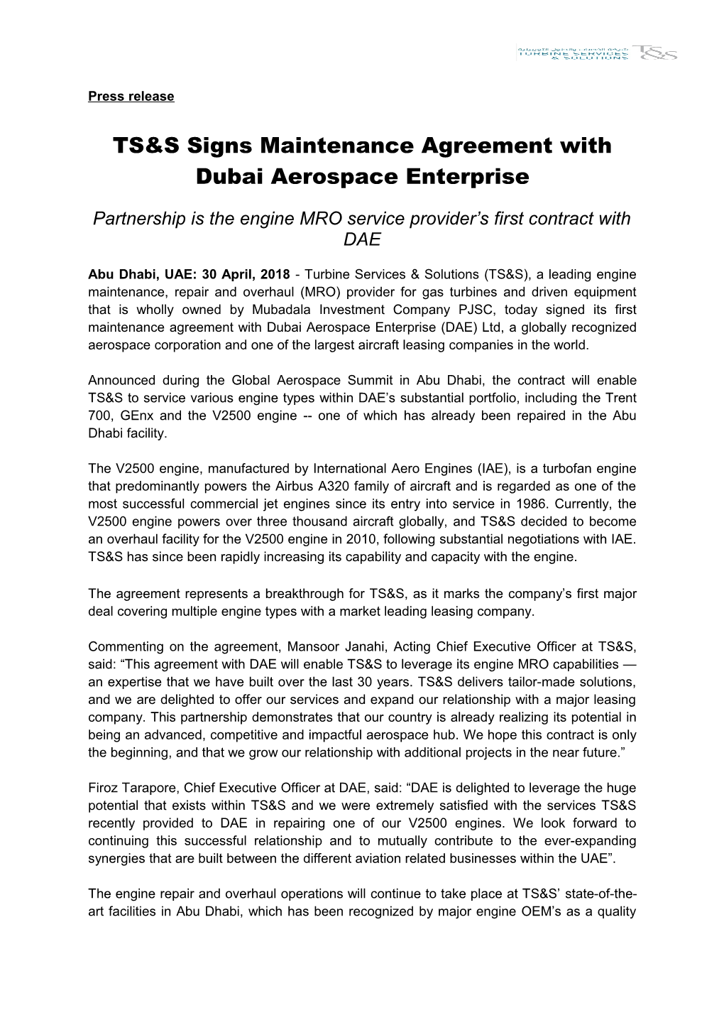 TS&Ssignsmaintenance Agreement with Dubai Aerospace Enterprise