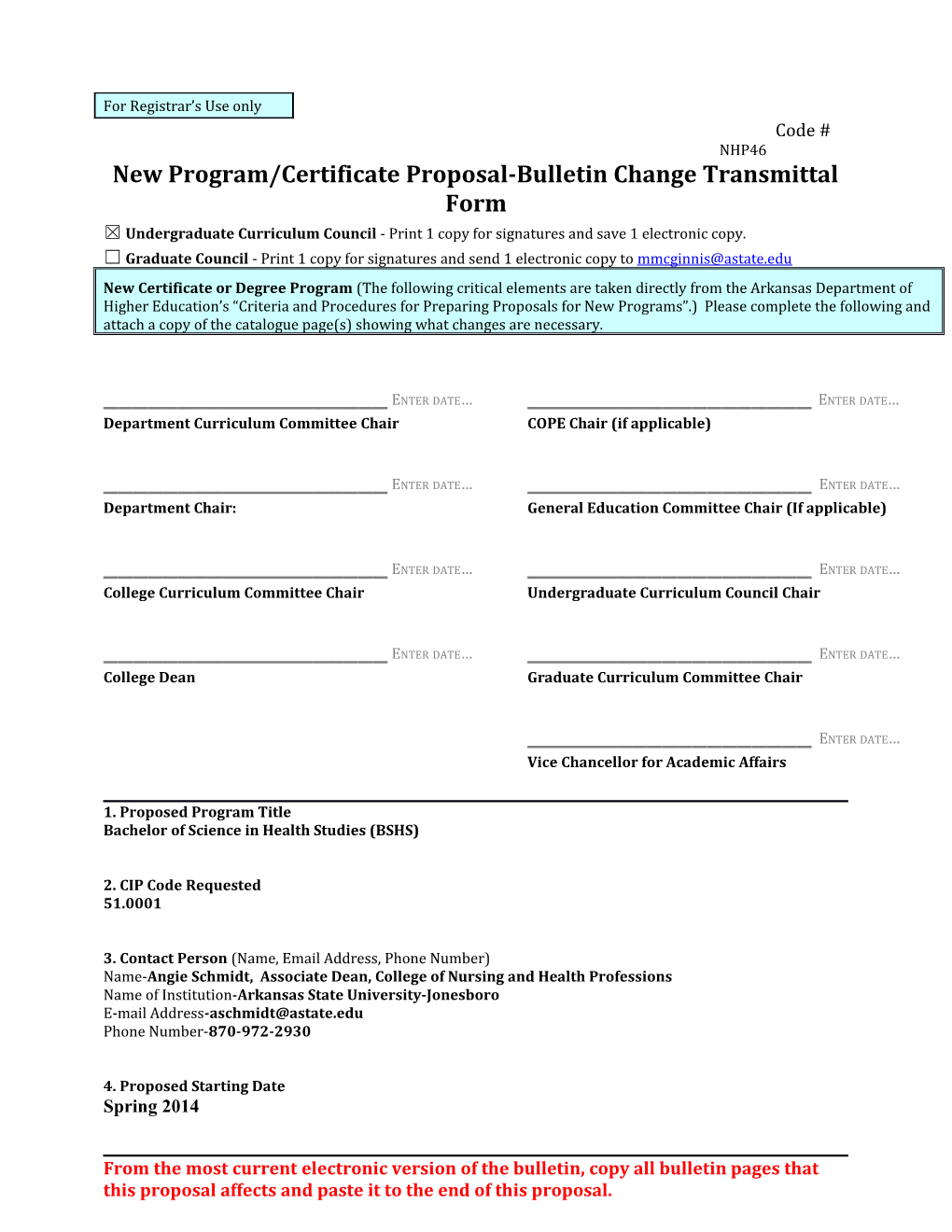 New Program/Certificate Proposal-Bulletin Change Transmittal Form