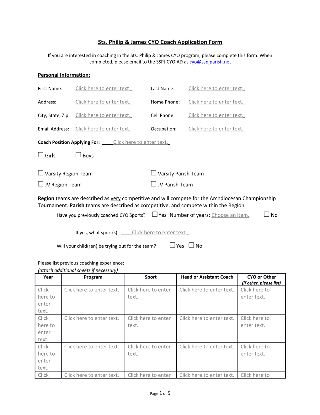 Sts. Philip James CYO Coach Application Form