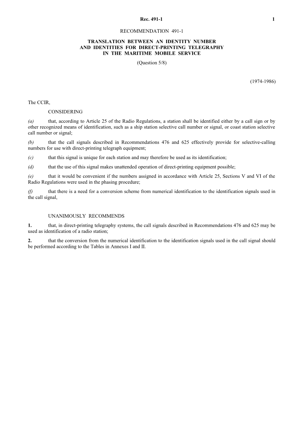 M.491-1 - Translation Between an Identity Number and Identities for Direct-Printing Telegraphy