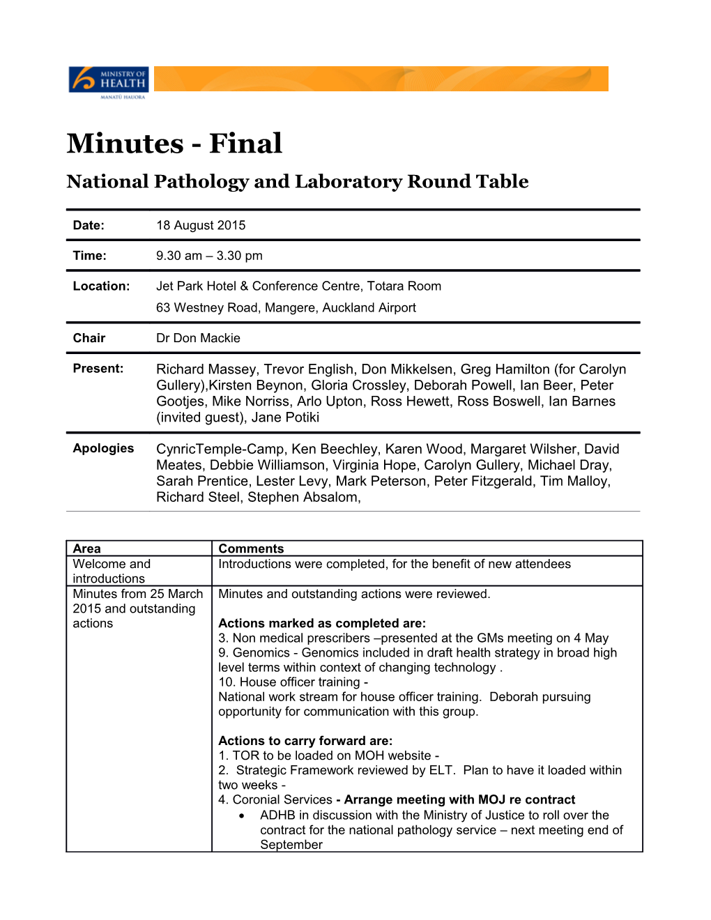 Minutes 18 August 2015: National Pathology and Laboratory Round Table
